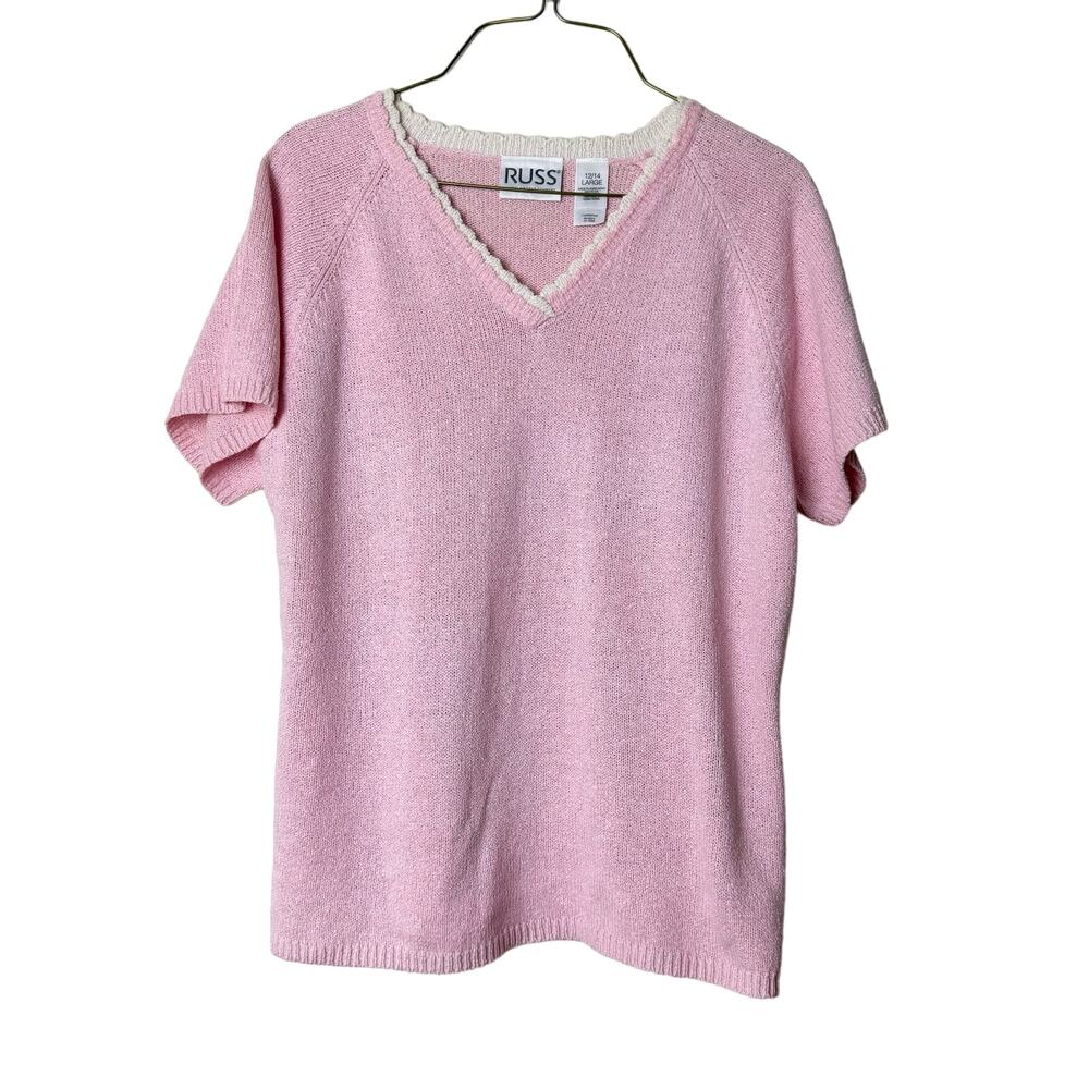 Russ VINTAGE silk blend short sleeve v-neck‎ knit sweater top 12/14 LARGE